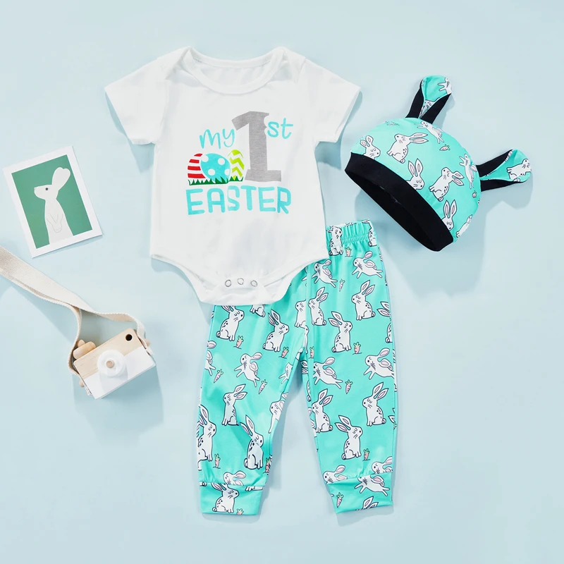 

Пасхальный костюм для маленьких мальчиков от 0 до 18 месяцев с буквенным принтом, комбинезон с короткими рукавами + длинные штаны с принтом + ш...