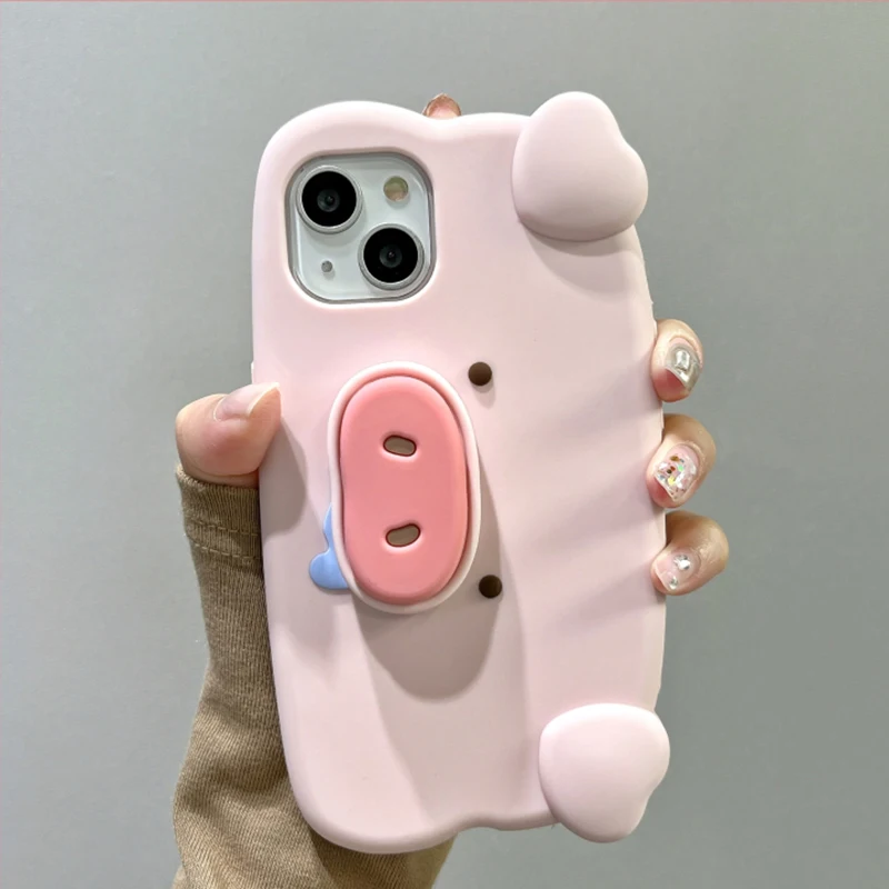 Фото Забавный 3D розовый слюна, свиной нос, невидимый чехол-кронштейн для iPhone 16, 13, 14, 12, 15 Pro Max, милый креативный держатель-подставка, противоударный чехол №1