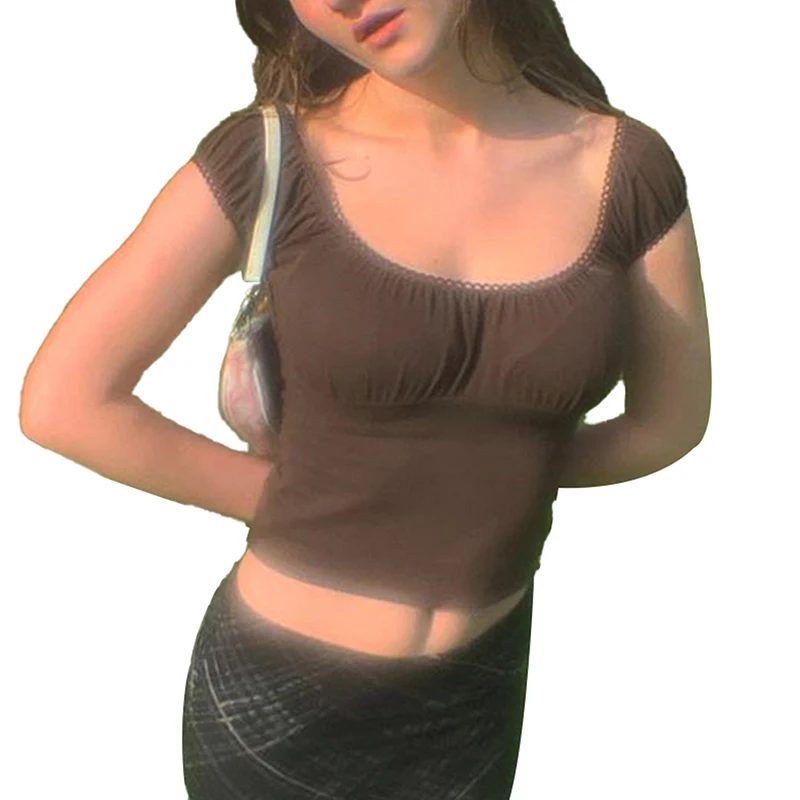 Женская короткая футболка однотонный плиссированный топ с коротким рукавом и