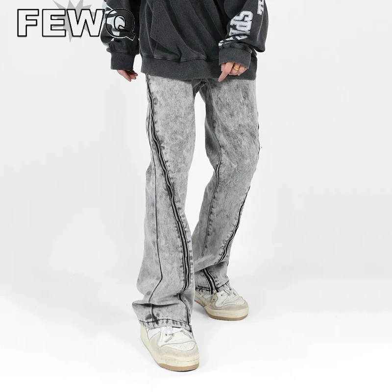 

Джинсы FEWQ Y2k мужские прямые в стиле ретро, повседневные брюки из денима на молнии, с эффектом потертости, в американском стиле, весна 2023