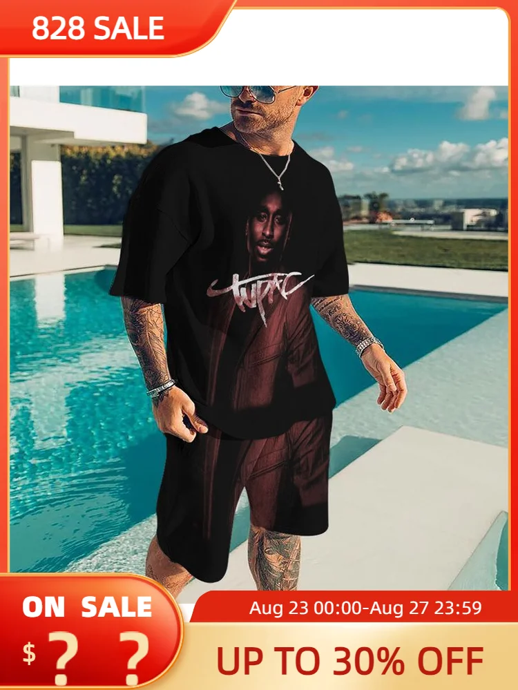 

Tupac T Shirt Set Rapper 2 PAC Hip Hop Rap 2 Piece Short Sleeve Tees Shorts Sport Suit Tracksuit Men Fashion Male 3D Printed Top