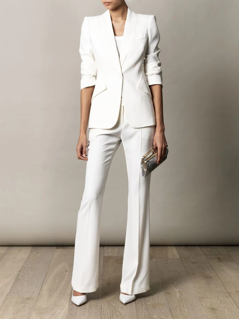 

White Single Breasted Women's Suit Office Set Slim Fit Business Fashion Casual Jacket Blazer and Wide Leg Pants