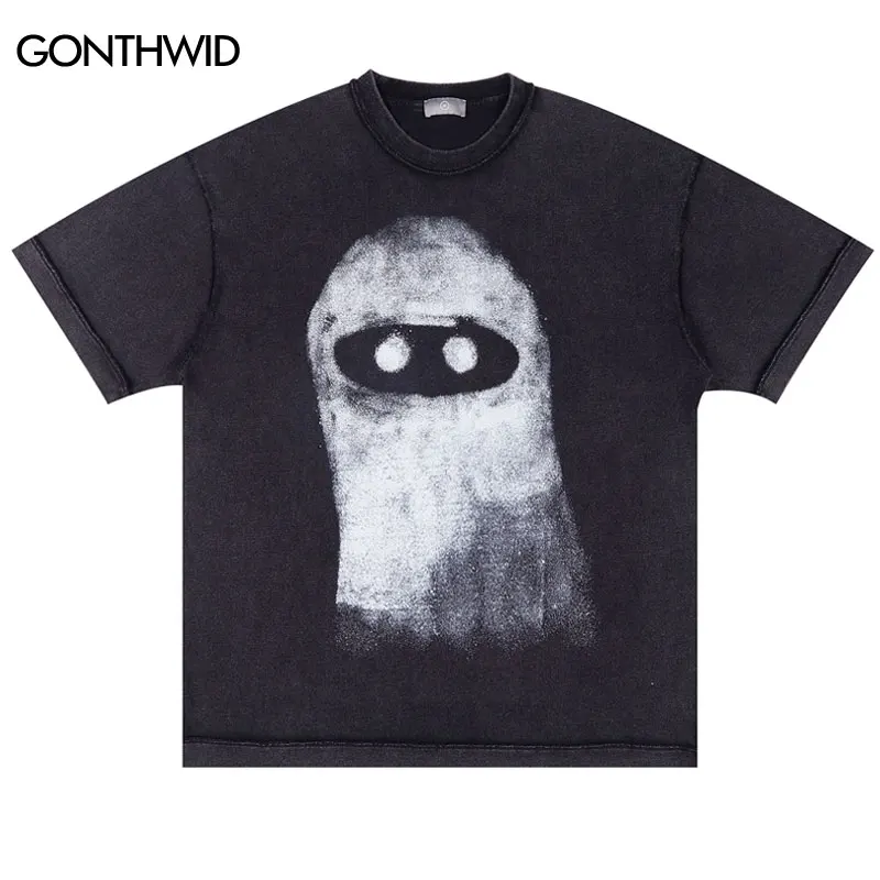

Vintage Punk T Shirt Streetwear Hip Hop Ghost Graphic Print Washed Tshirt 2023 Men Harajuku Fashion Gothic Cotton Loose Tee Top
