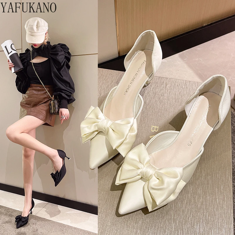 

Elegant Banquet Wedding Shoes Sweet Big Bowknot Stiletto Pointed Toe Pumps Temperament Single Shoes Fairy Mid Hollow High Heels