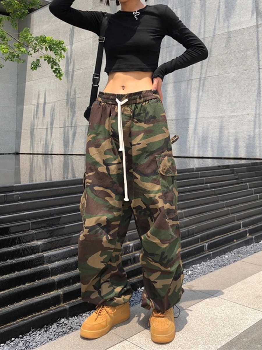 

Women Drawstring High Waist Camouflage Print Wide Leg Trousers Street Loose Cargo Pants