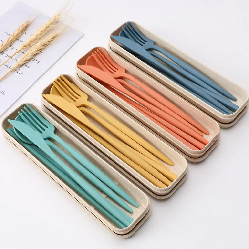 

4Pcs/Set Table Cutlery Set Creativity Wheat Straw Fork Chopsticks Spoon Portable Reusable Tableware Set With Storage Box