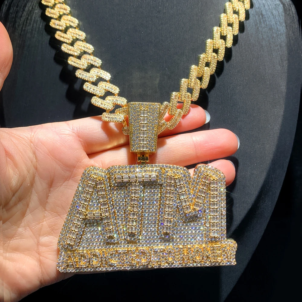 Bling 5A CZ Буквы ATM Addicted To Money Кулон Ожерелье Iced Out Micro Paved Кубический Циркон Хип-Хоп 15 мм
