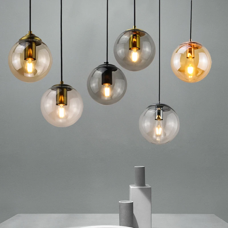 

Современная простая стеклянная подвесная люстра, Золотая люстра для ресторана, серебряная металлическая Янтарная пепельница, стеклянная Подвесная лампа с шариком
