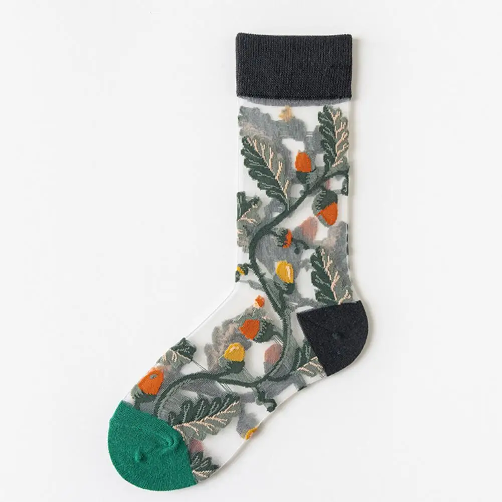 

Lightweight Glass Silk Embroidery Flower Leaves Summer Socks Female Accessories
