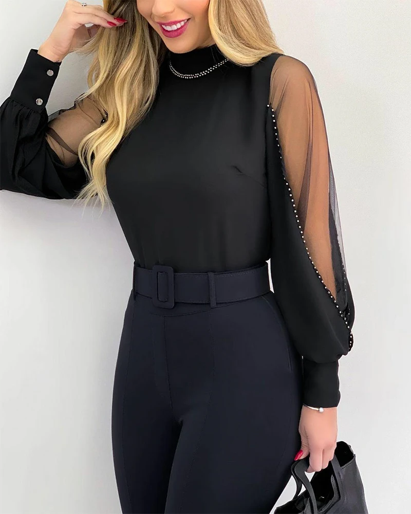 

2021 Autumn Women O Neck Black Lantern Sleeve Rhinestone Contrast Mesh Long Sleeve Top Casual T-Shirts Loungewear Shirts New