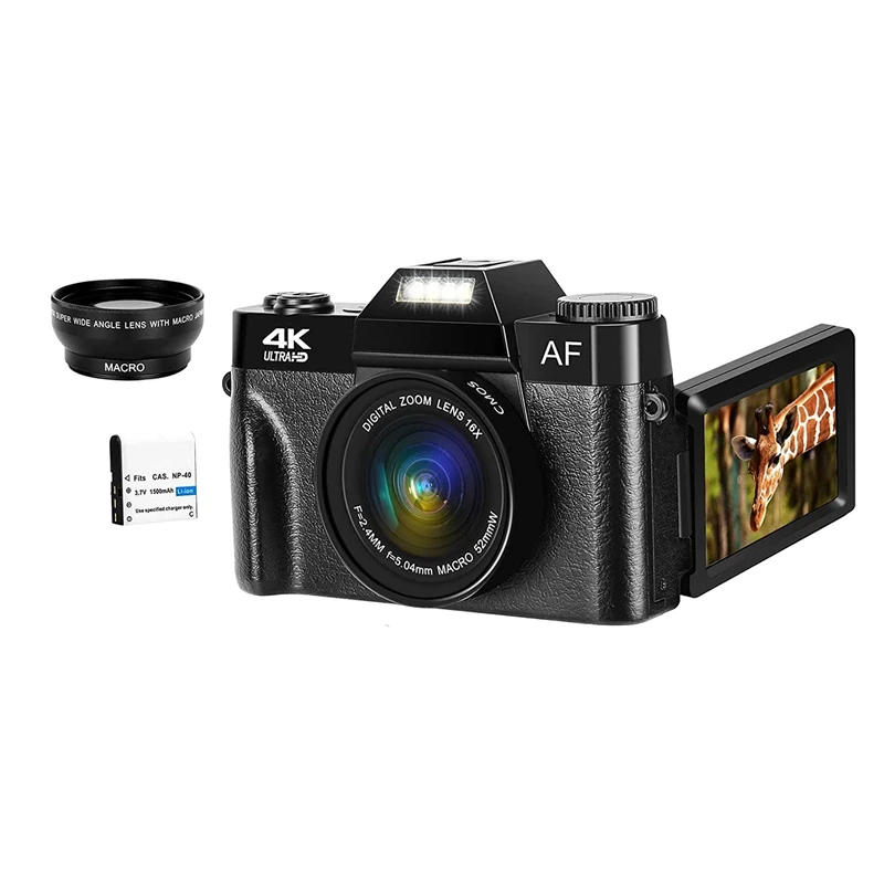 

1 Set Black Auto Focus 4K 48MP Digital Camera 16X Digital Zoom Compact Camera 3.0 Inch 180 Degree Rotation Flip Screen