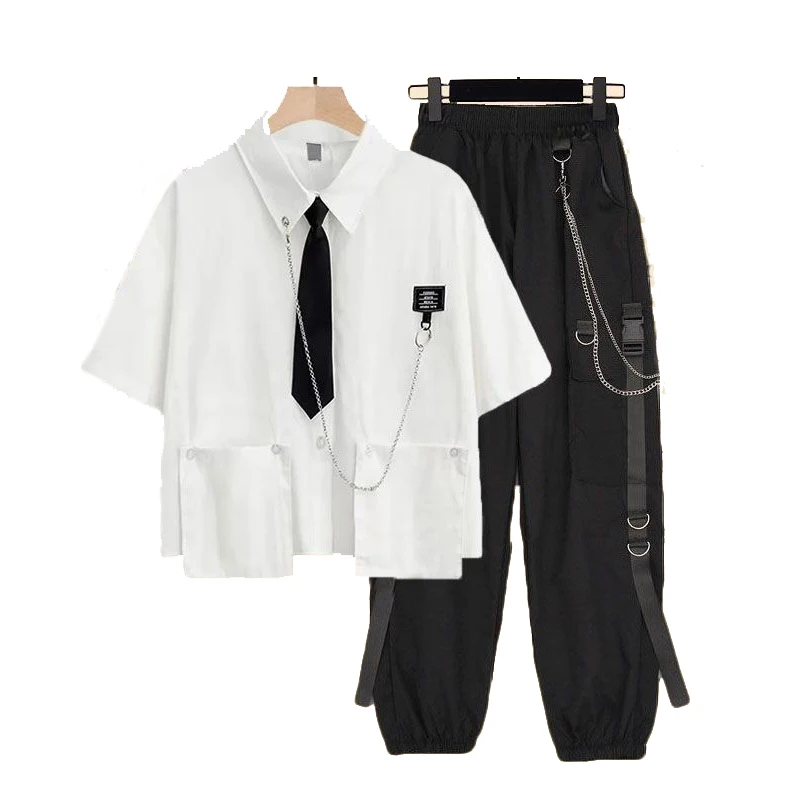 

Y2K Женский Уличная одежда, костюм из двух предметов, футболка с цепочкой и галстуком + штаны с лентами и цепочкой, брюки-карго в стиле Харадзюку, комплекты из 2 предметов, женские костюмы