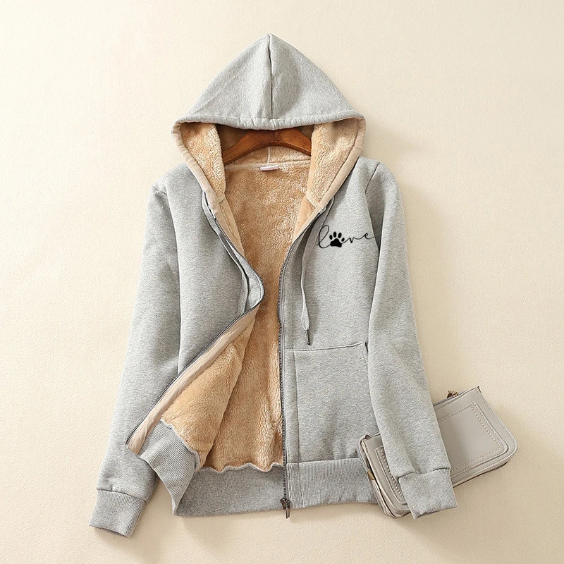 

Women Cat Paw Printed Plush Fleece Hooded Jackets Plush Warm Zip Up Sweatshirts Autumn Winter Outerwear Hoodie Faux Fur Coats