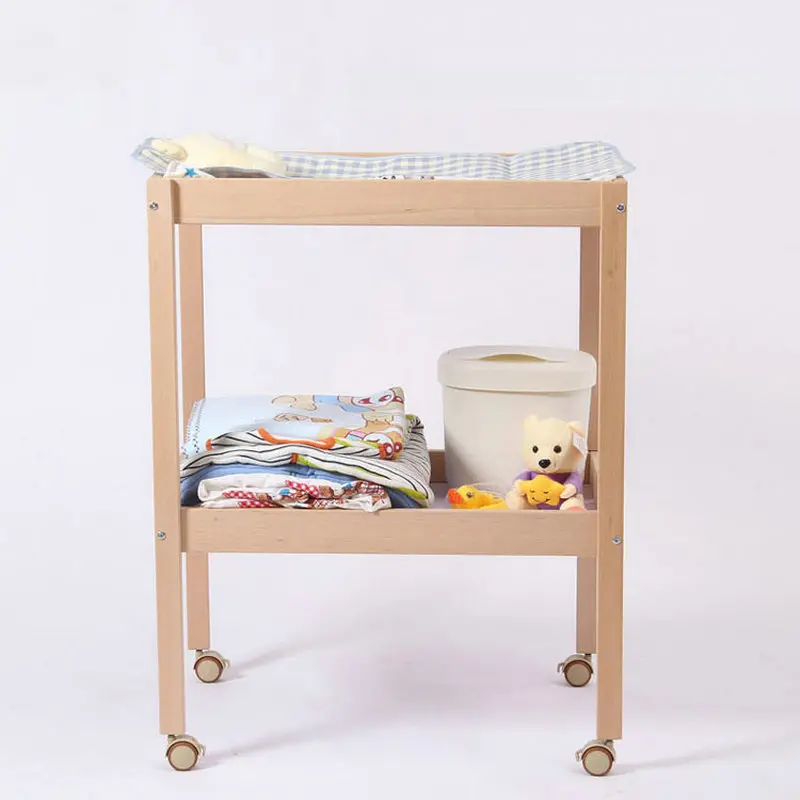 Solid Wood Baby Changing Table with Pad, Moving Infant Touching Care Diaper Clothes Station
