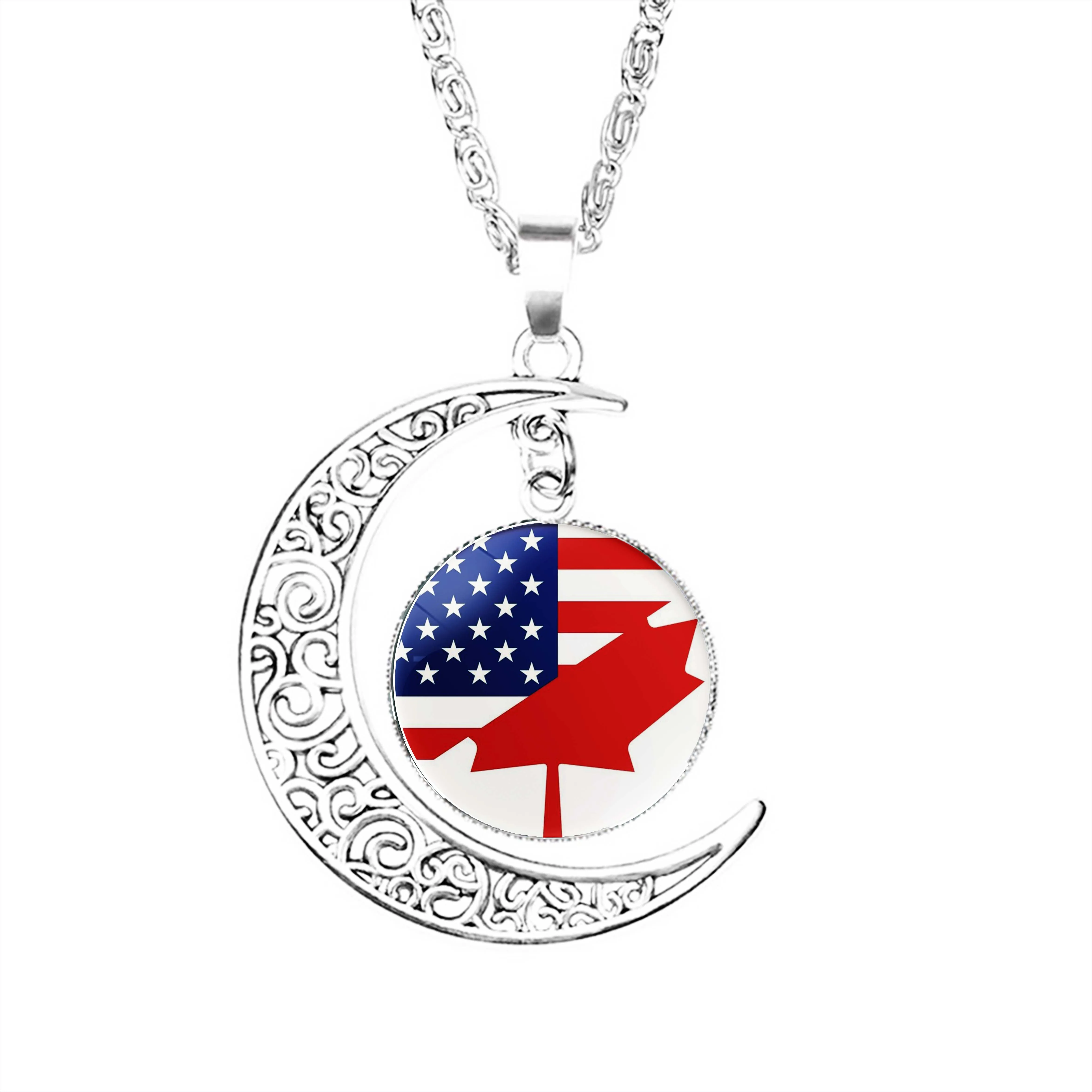

США, Канада, флаг дружбы, ожерелье в виде Луны, модные мужские аксессуары, стеклянный купол, полумесяц для женщин и мальчиков, цепочка, ювелирные изделия для женщин