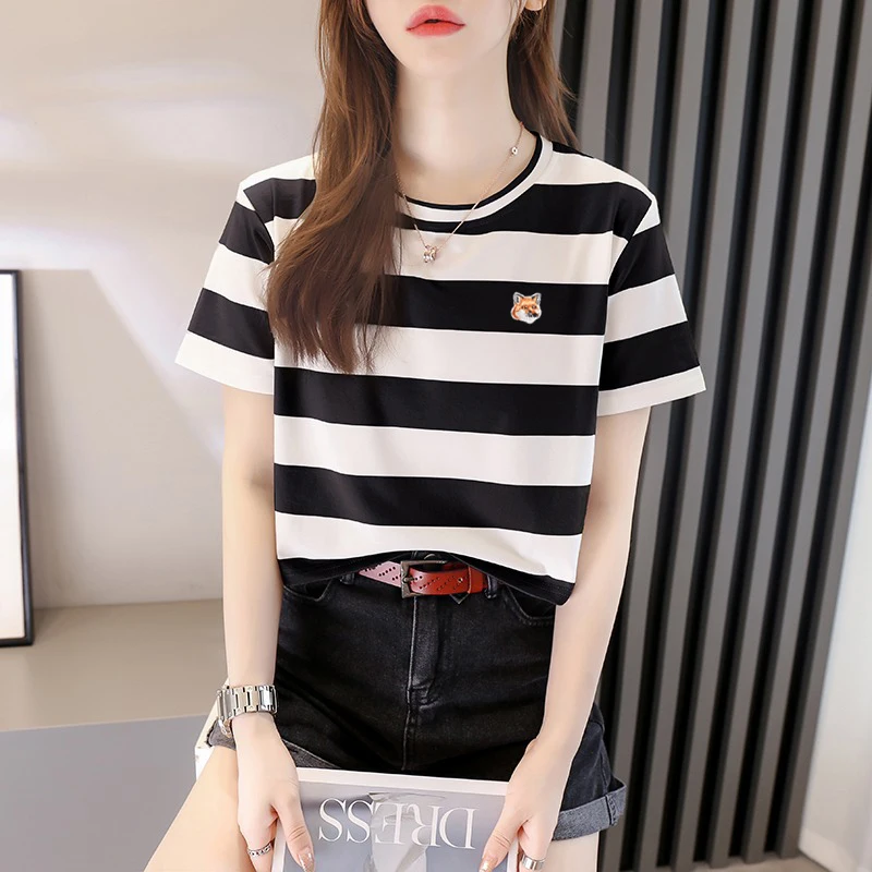 

Summer Women Grid T Shirt Tops Luxury Maison Fox Mascot Embroidery Logo Appliqued Lapel T Shirt Fashion White Black Short Sleeve