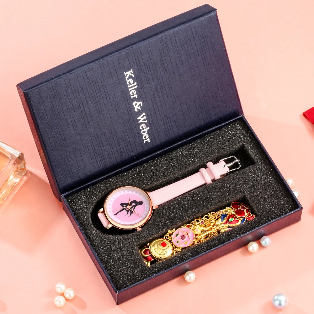 

2 Pcs Women's Watch Set Leisure Bracelet Pink Leather Strap Exquisite Quartz Wristwatch Gift Box Birthday Gifts for Girlfriend