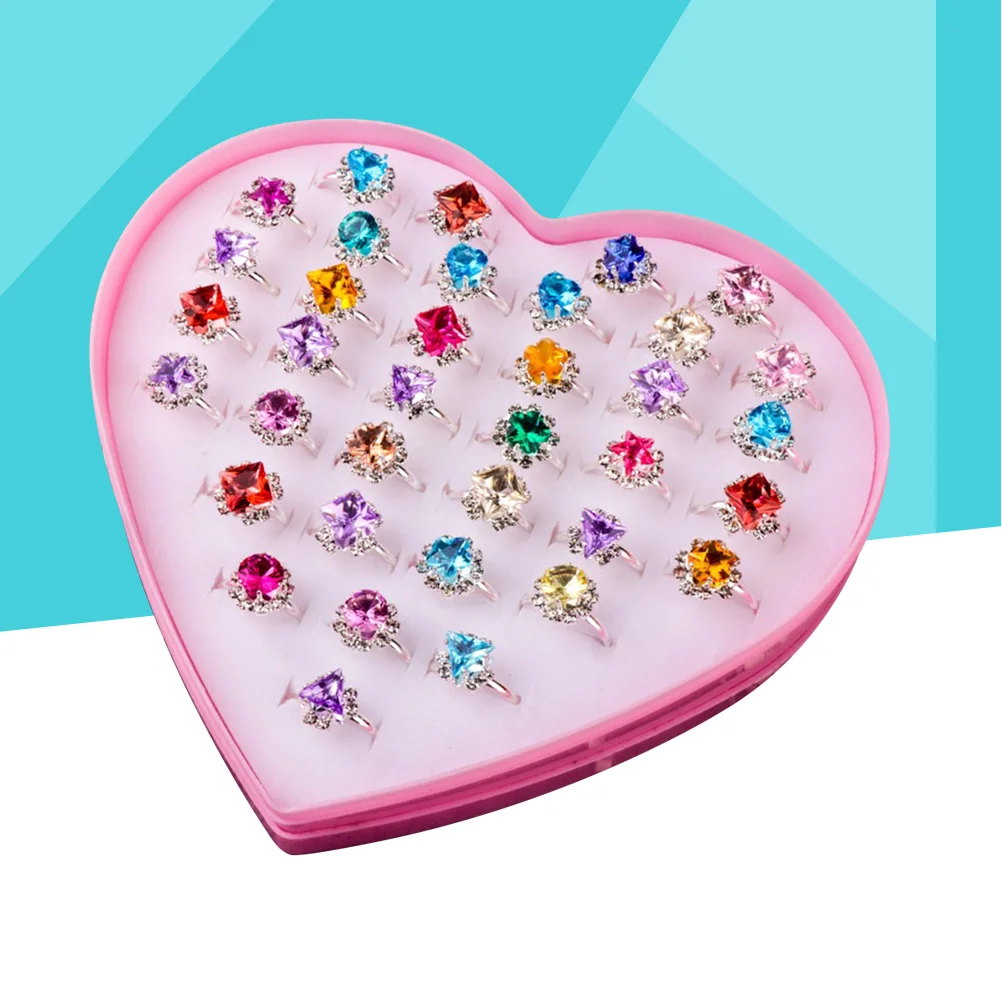 

36 Pcs Children Kids Rings Baby Toy Rings Diamond Rings Dress Up Pretend Play Rings with Love Box (Mixed Color)