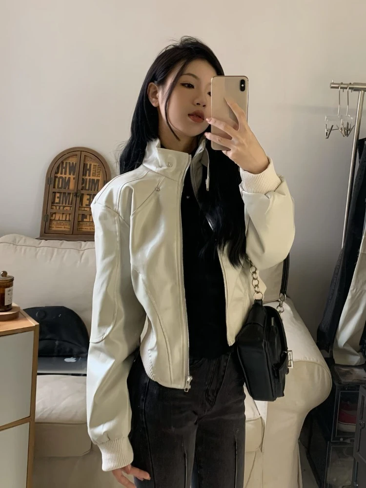 Женская Асимметричная куртка из ПУ кожи с воротником-стойкой и длинным рукавом