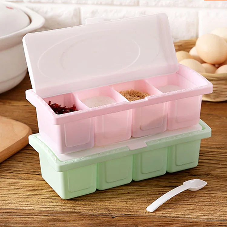 

4-compartment seasoning box multi-functional Plastic Salt monosodium glutamate seasoning bottle kitchen partition spoon