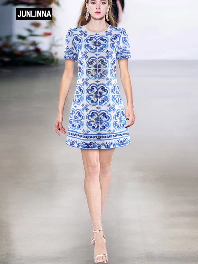 

JUNLINNA Runway Fashion Vintage Dress Summer Women Blue White Porcelain Printed Rhinestone Beading High Street Vestidos