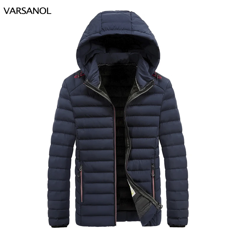 VARSANOL Winter Mens Parkas Thick Zipper Jackets 2022 Warm Male Clothing Outside Coats Solid Color Hooded Parkas Men Plus Size