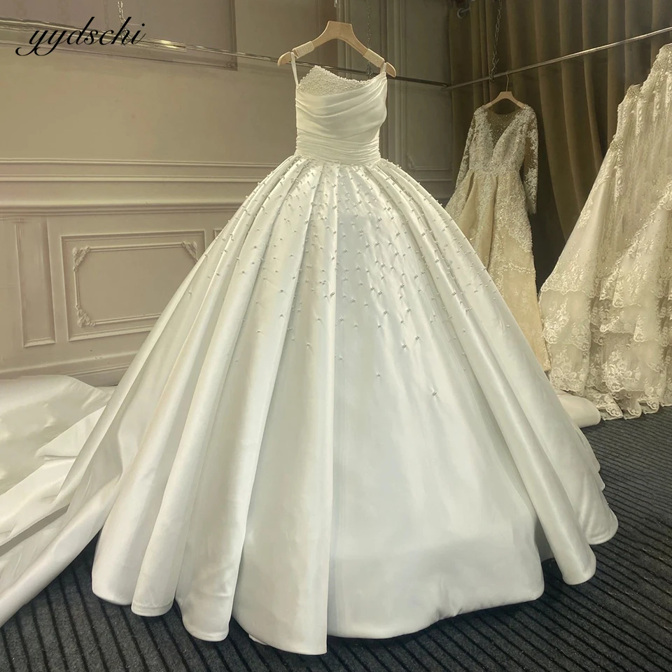 

Luxury Pearls Beaded Ivory Satin Wedding Dress For Women 2023 Spaghetti Straps Chapel Train Princess Bride Gown Vestido De Noiva