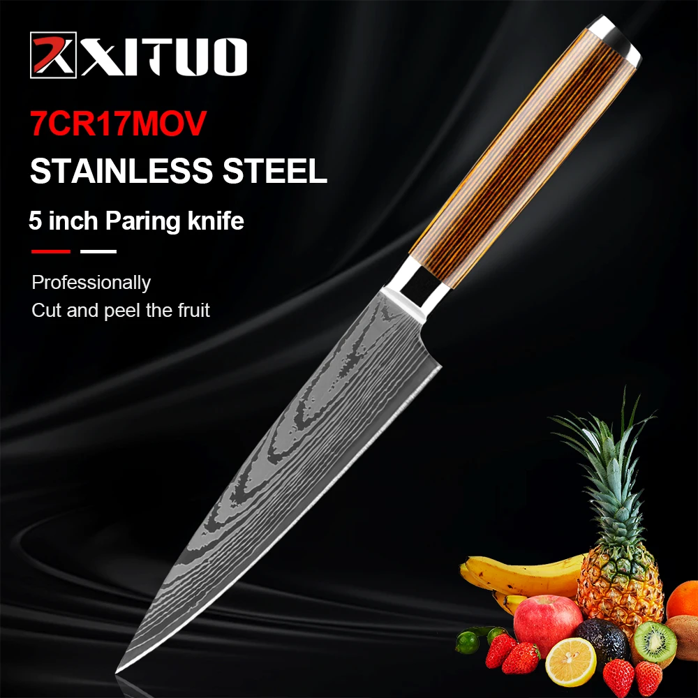 

XITUO 5inch Utility Knife 7Cr17MoV Stainless Steel Damascus Pattern Kitchen Slicing Filleting Knives Chef Paring Peeling Tools