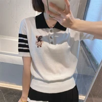 summer college style age reducing embroidery bear polo shirt short sleeved fine wool waist all match t shirt top
