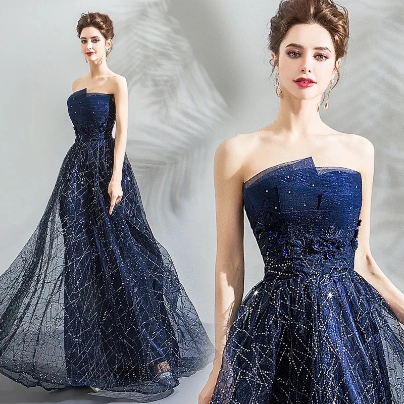

Banquet Evening Dress Female Star Empty Skirt Art Model Blue Breast Birthday Dinner Annual Meeting Show Slim and Solemn