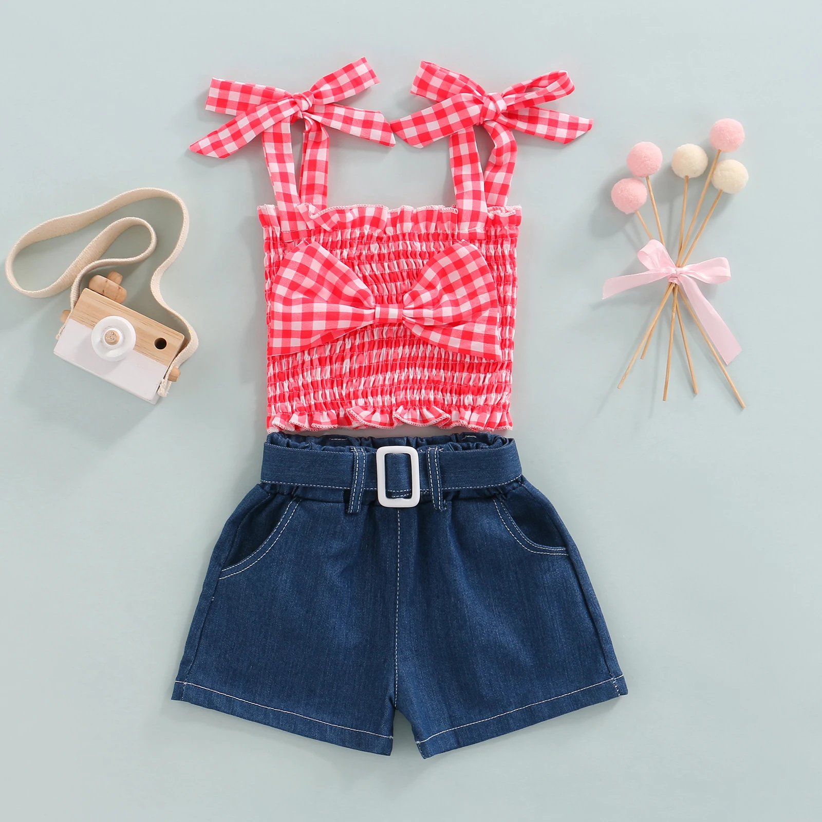 

Newborn baby girl clothes Red Plaid Tie-Up Shoulder Straps Sleeveless Bow Tank Top Denim Shorts Outfits Set 2 years clothing