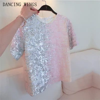 women sequin t shirt 2022 hot sale summer short sleeves tops gradient color sequins female loose tees t shirt pink