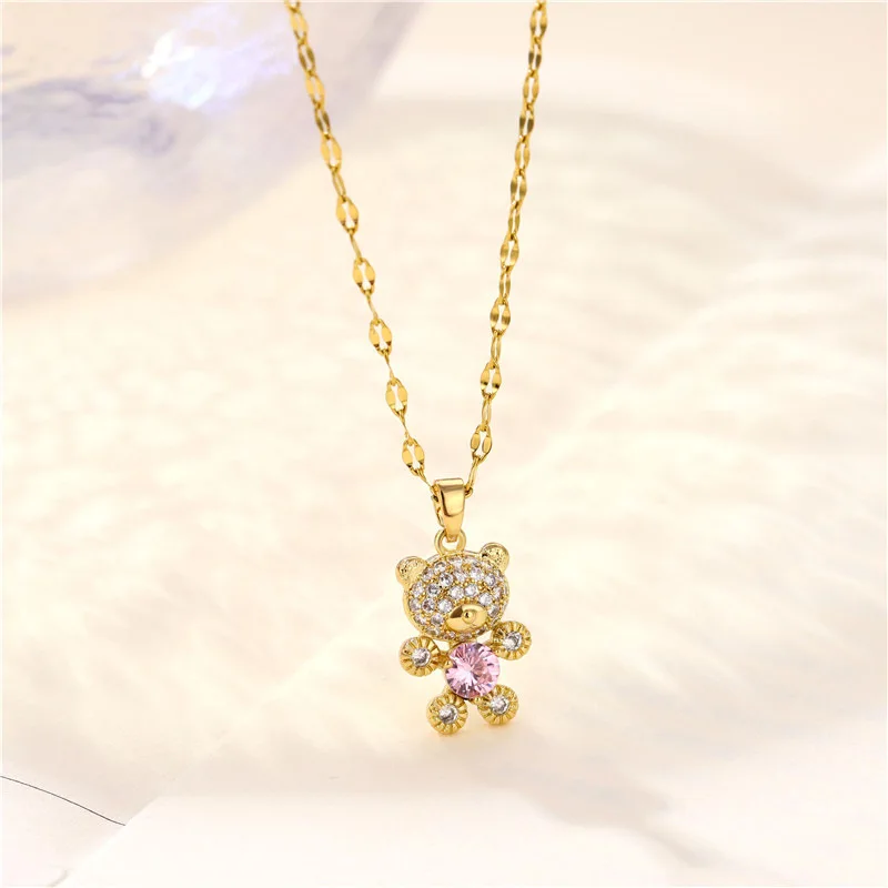 

Cartoon Simple Copper Bear Crystal Pendant Necklaces Women Stainless Steel Lip Chains Collar Charm Choker Jewelry Gifts