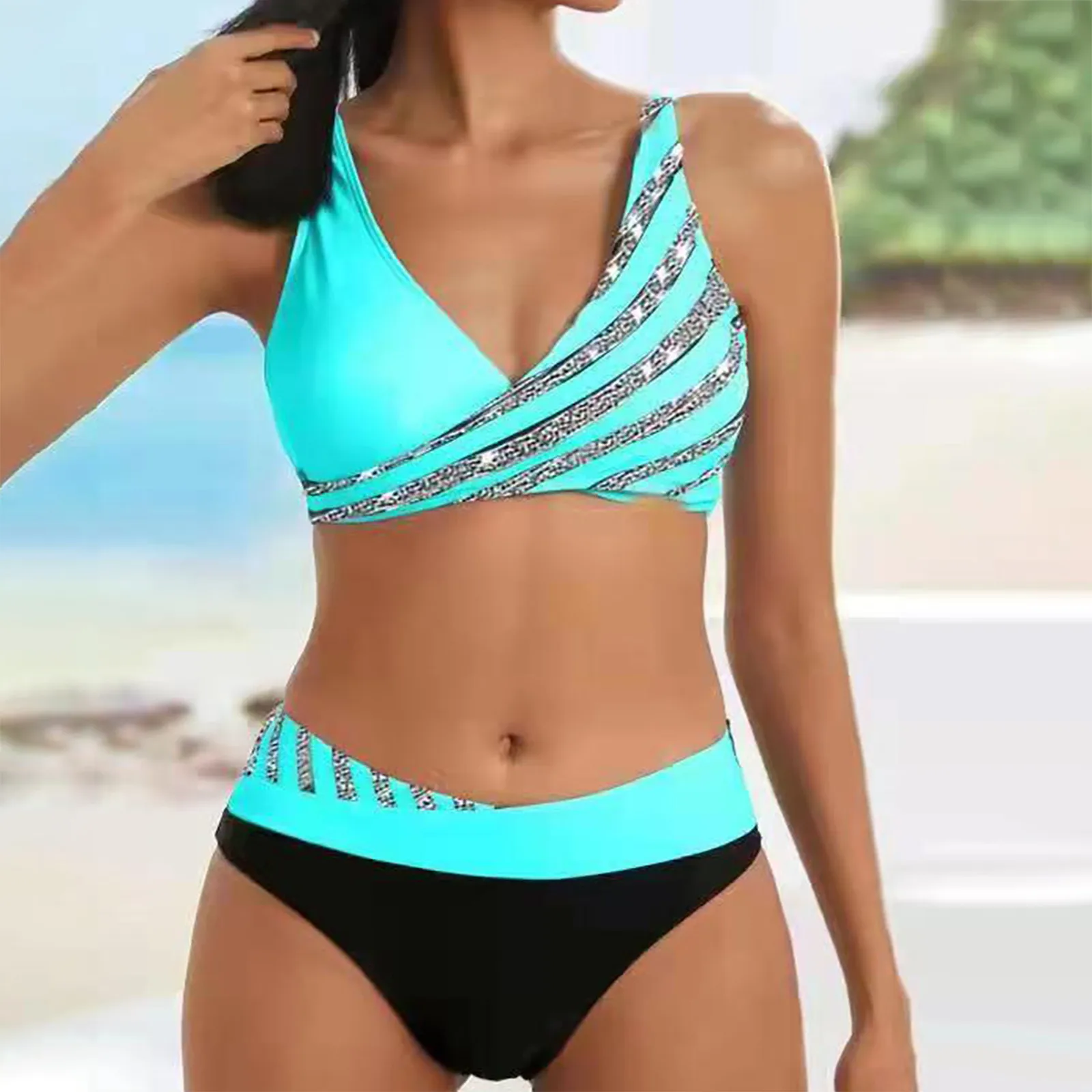 Летний женский сексуальный однотонный Блестящий бикини с эффектом пуш-ап