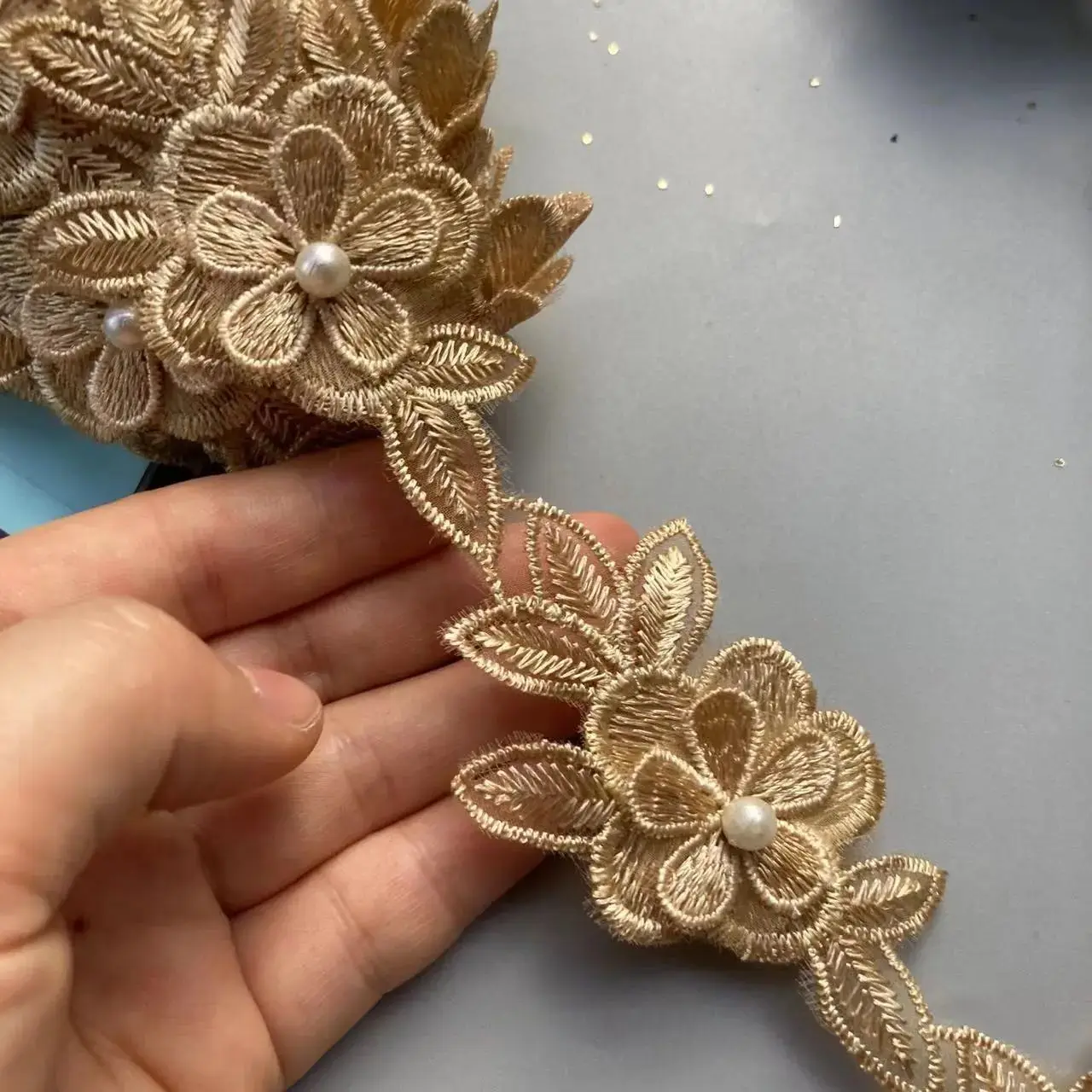 1 ярда золотой жемчужный цветок лист ручная работа вышитая бисером кружевная
