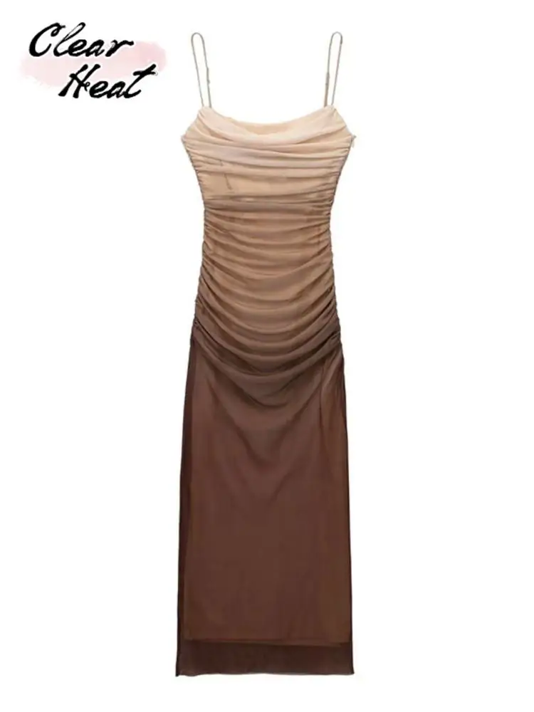 

Женское Драпированное Платье-миди из тюля, модное Привлекательное платье с прямым вырезом и тонкими лямками, плиссированное уличное платье, 2023