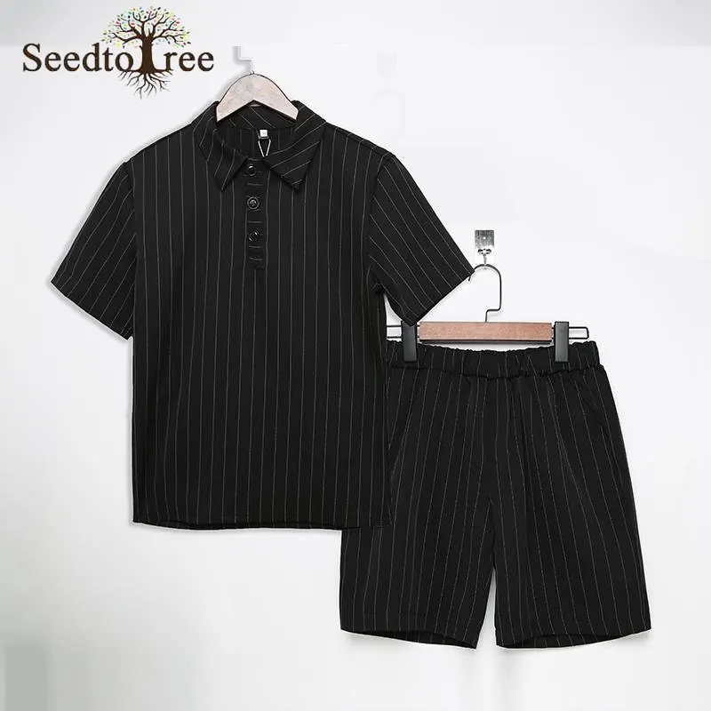 Summer Men's Set Casual Stripe Turndown Collar Short Sleeved T-shirt Elastic Waist  Shorts Two Piece Suit