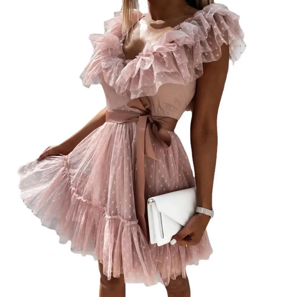 

High-Waist Lightweight Above Knee Length Ladies Sexy Dot Print Net Yarn Dress Party Wear Casual Dress Female Clothing