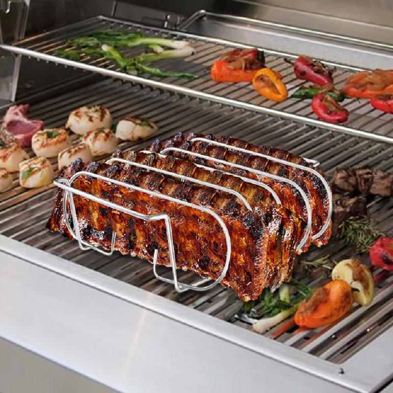 

Non-Stick BBQ Rib Rack Stand Barbecue Steaks Roast Racks Stainless Steel Chicken Beef Ribs Grill Black For Gas Smoker BBQ Basket