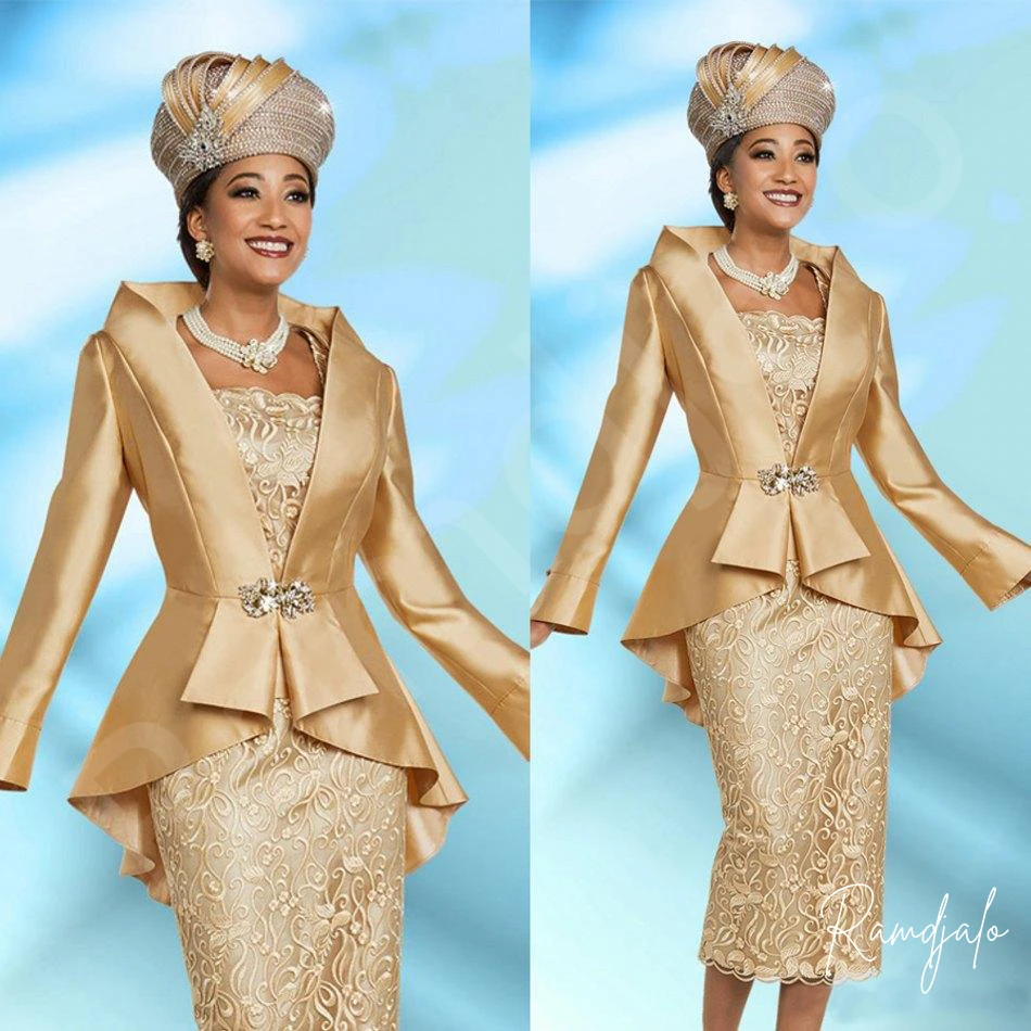 

Vintage Gold Mother Of The Bride Dresses with Satin Jacket Long Sleeves Midi Invitada Retro Groom Mother's Wedding Guest Gowns