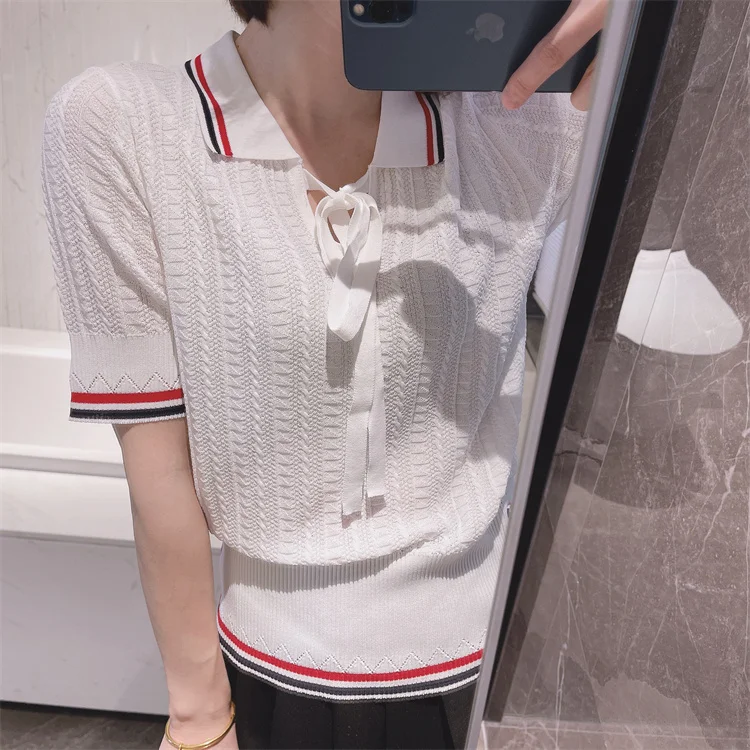 

Summer TB college style age-reducing bandage ice hemp knitted short-sleeved women's slim slim polo lapel T-shirt