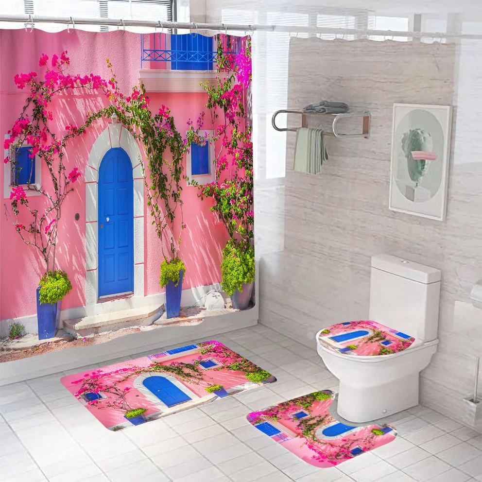 

Pink Wall Blue Door Shower Curtain Sets With Rugs Include Non-Slip Rugs Toilet Lid Cover and Bath Mat With Hooks