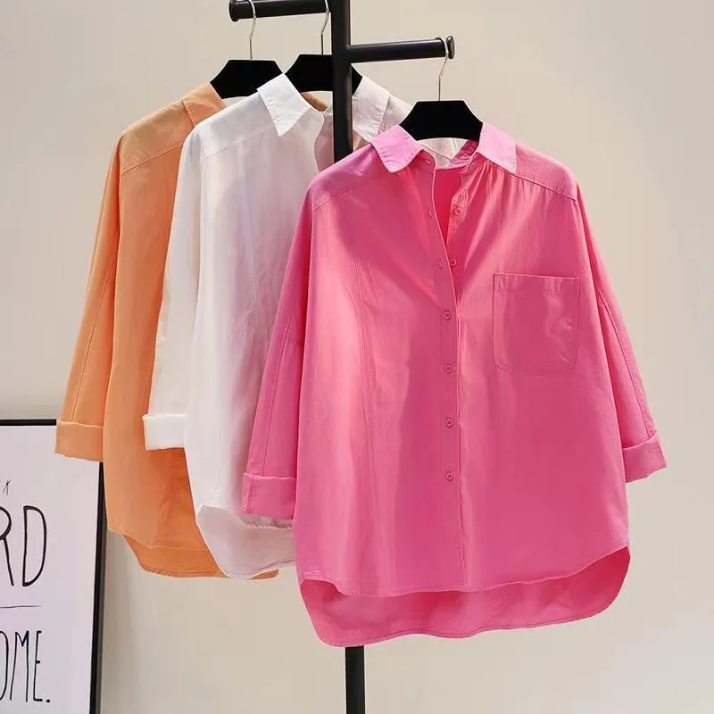 

Casual Women Shirt Fashion Turn Down Collar Office Lady Solid Blouse Long Sleeve Loose Cotton Women Blouses Tops Clothes
