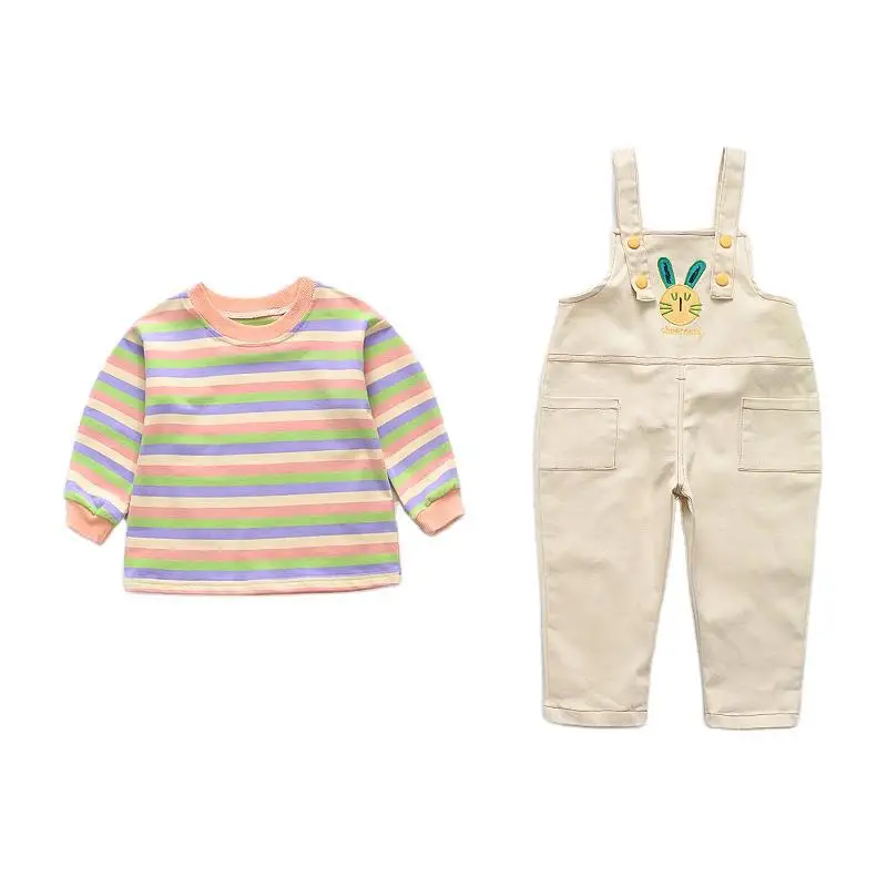 

Комплект одежды для маленьких девочек на весну и лето, Детская Повседневная рубашка, модные комбинезоны, хлопковая мультяшная детская футб...