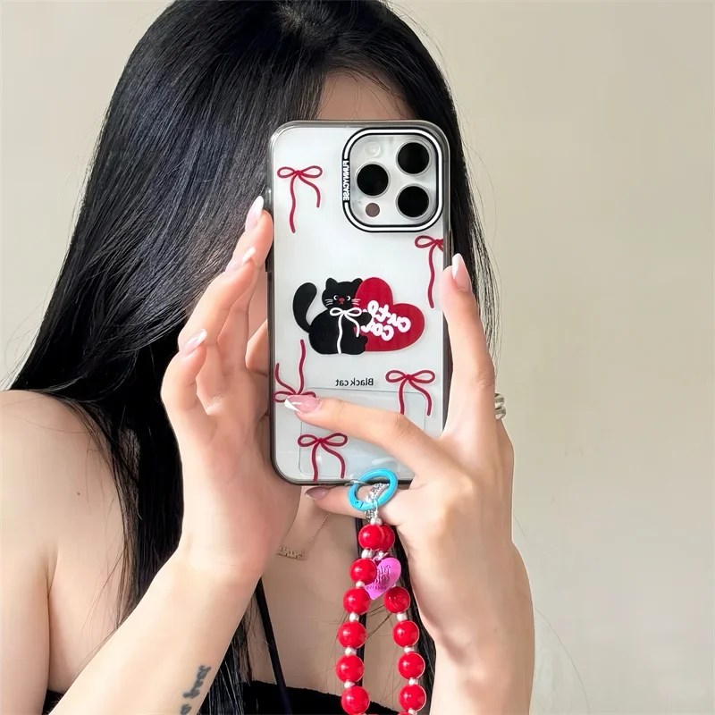 Фото Чехол для телефона с милым мультяшным черным котом и бантиком для iPhone 15 Pro 13 14 Pro Max, защитные чехлы с цепочкой из бисера для 13pro 15 Kawaii №1