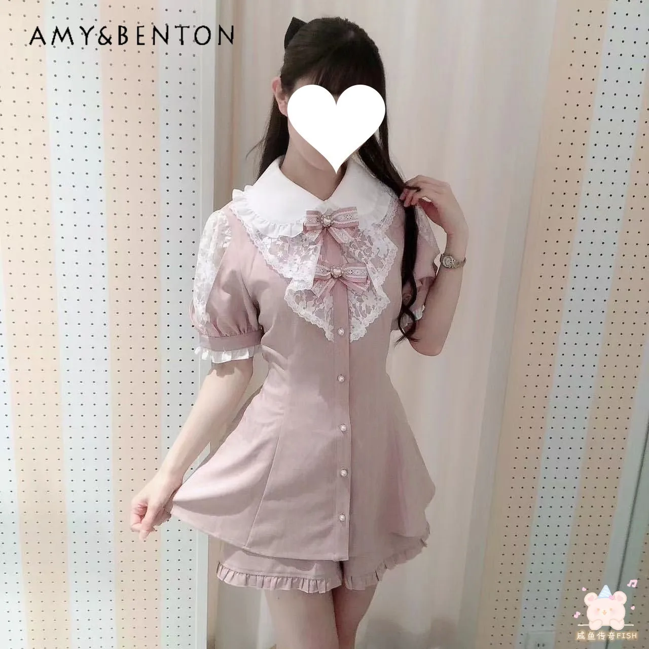 

SC Suit Lace Stitching Mine Series Mass Production Bow Brooch Shirt Culottes Short Sleeve Tops + Shorts Lolita Two Piece Set