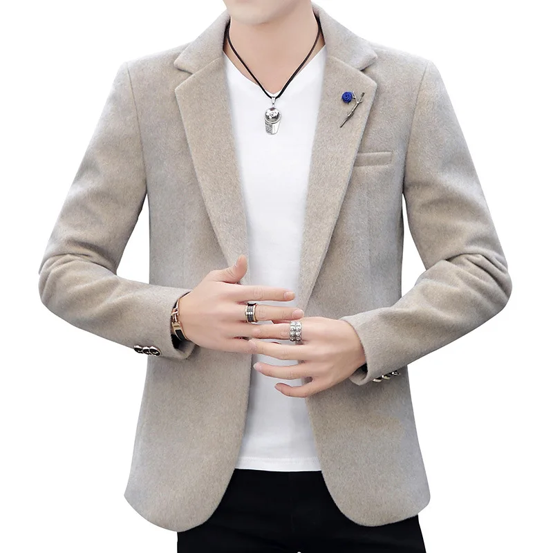 

HOO 2022 Men's Handsome Fleece-Lined Slim-Fitting Suit Youth Cool Gentleman Thickened Solid Color blazers