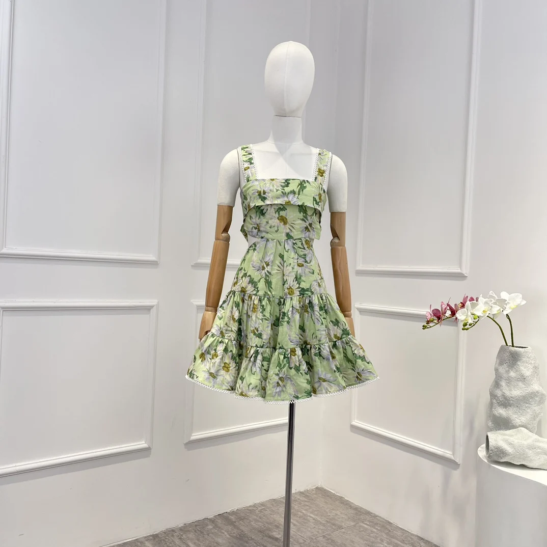 

2023 New Daisy Flowers Printed Sleeveless Mini Dress Stretchable Shirred Windows Back Cut Out Waist Woman Clothing