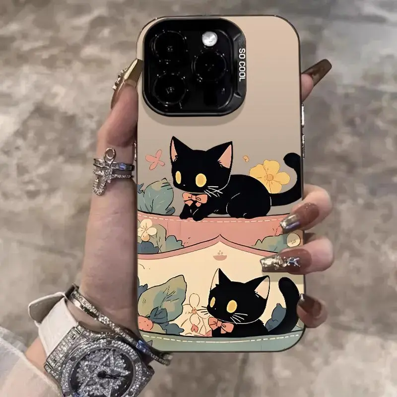 Супер милый чехол для телефона с бантом и черным котенком iPhone 16 15 14 13 12 11ProMax XR XS MAX