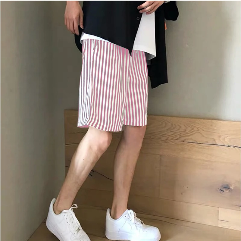 Causal Knee Length Shorts  2000 Summer Gothic Men Casual Shorts Blue Pink Gray Striped Loose Shorts Beach Fashion Male
